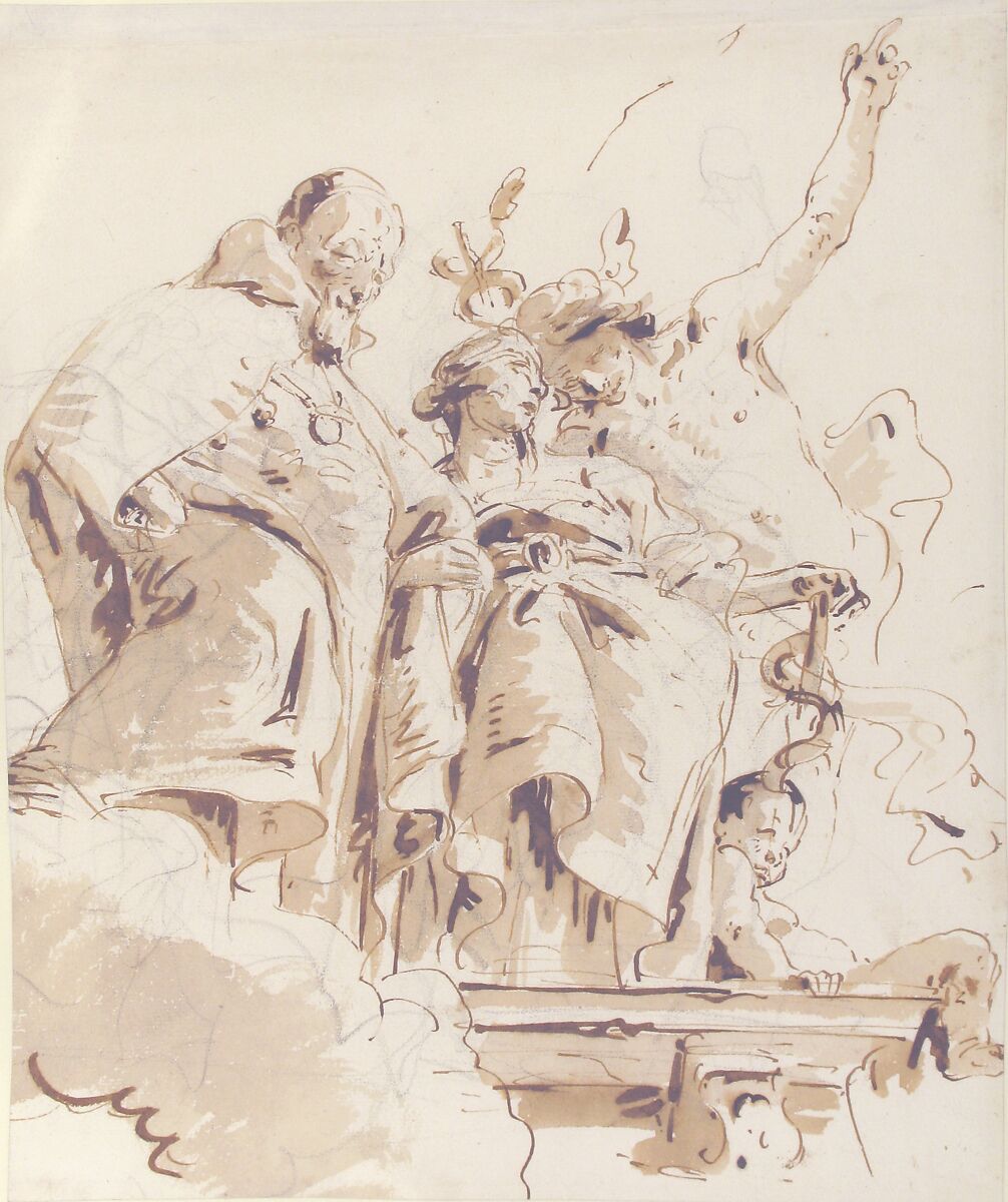 Aged Dignitary Attended by Mercury and Prudence, Giovanni Battista Tiepolo (Italian, Venice 1696–1770 Madrid), Pen and brown ink, brush with pale and dark brown wash, over black chalk