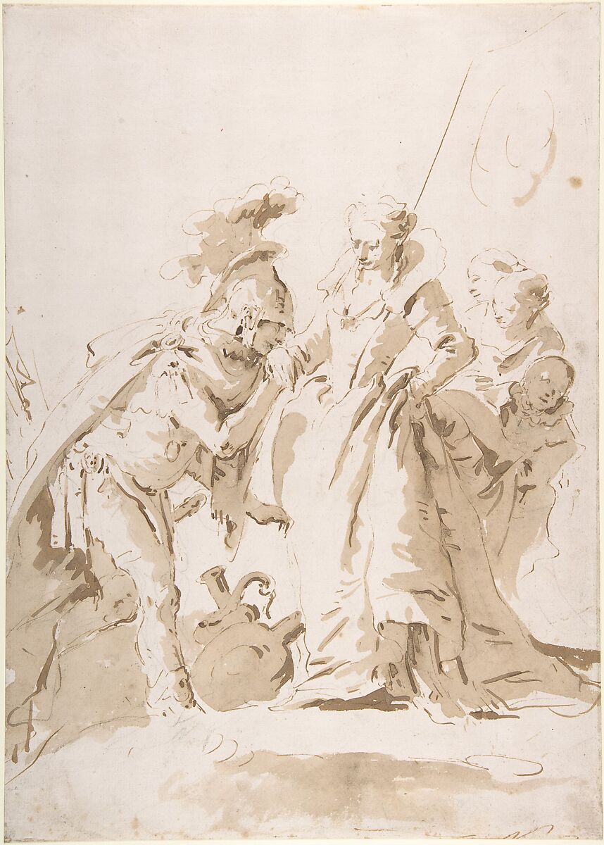 The Meeting of Anthony and Cleopatra, Giovanni Battista Tiepolo (Italian, Venice 1696–1770 Madrid), Pen and brown ink, brush with pale and dark brown wash, over black chalk 