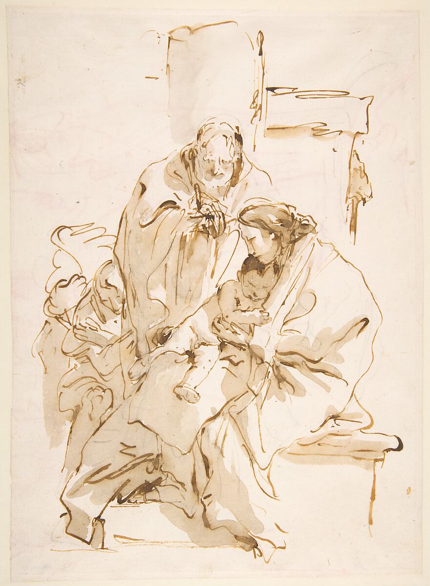 The Holy Family, Giovanni Battista Tiepolo (Italian, Venice 1696–1770 Madrid), Pen and brown ink, brush and brown wash, over black chalk (recto); red chalk (verso) 