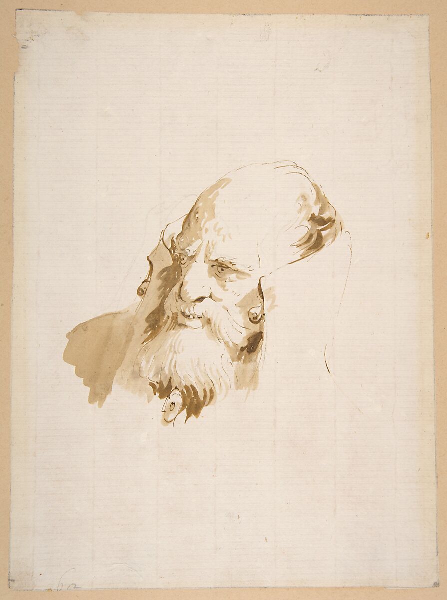 Head of a Man Wearing a High Collar, Giovanni Battista Tiepolo (Italian, Venice 1696–1770 Madrid), Pen and brown ink, brush with pale and dark brown wash, over traces of black chalk 