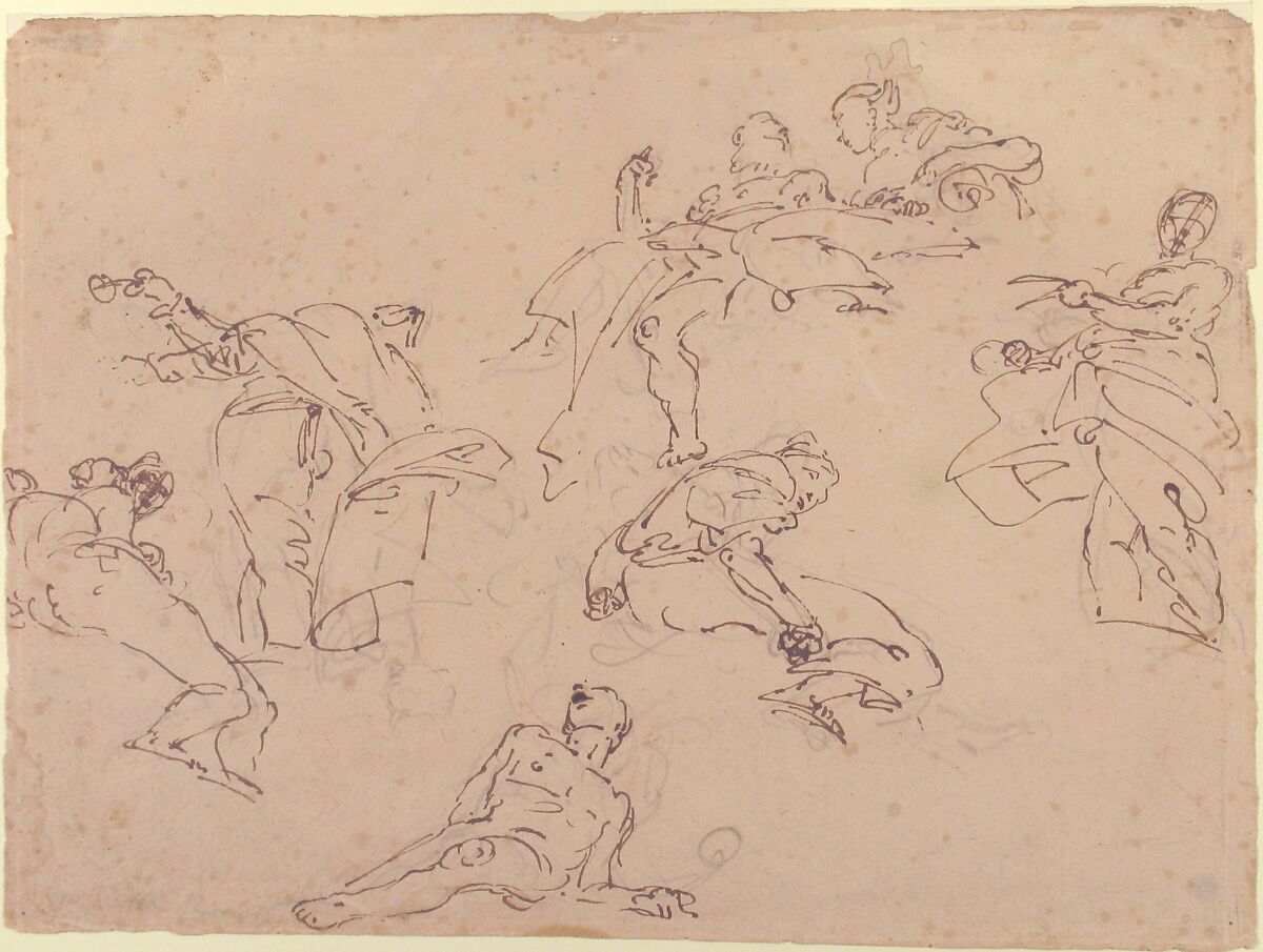 Figure Studies, Giovanni Battista Tiepolo (Italian, Venice 1696–1770 Madrid), Pen and brown ink, over black chalk, on beige paper