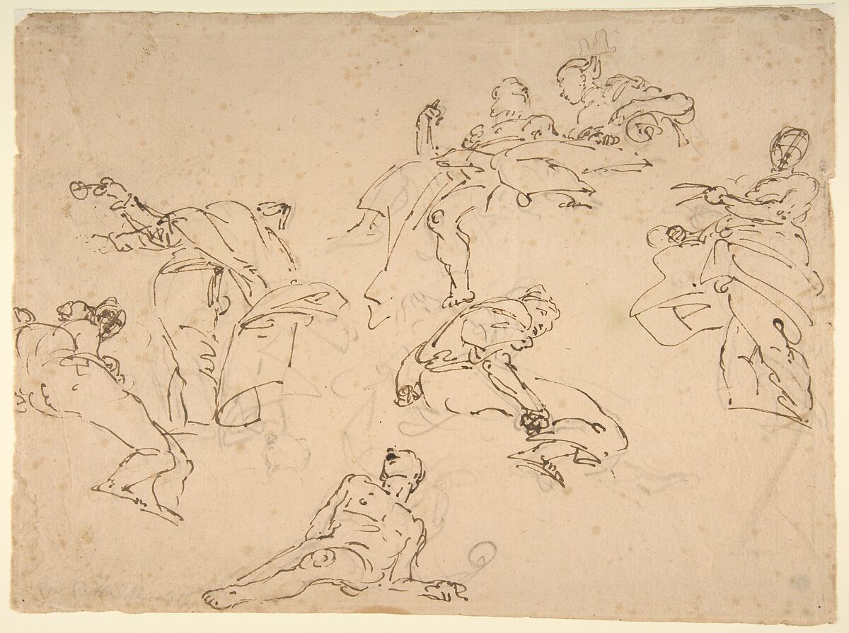 Figure Studies, Giovanni Battista Tiepolo (Italian, Venice 1696–1770 Madrid), Pen and brown ink, over black chalk, on beige paper 