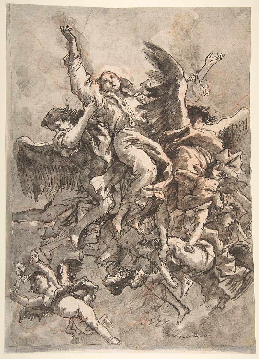 The Assumption of the Virgin, Giovanni Domenico Tiepolo (Italian, Venice 1727–1804 Venice), Pen and black ink, brush and gray wash, over red chalk 