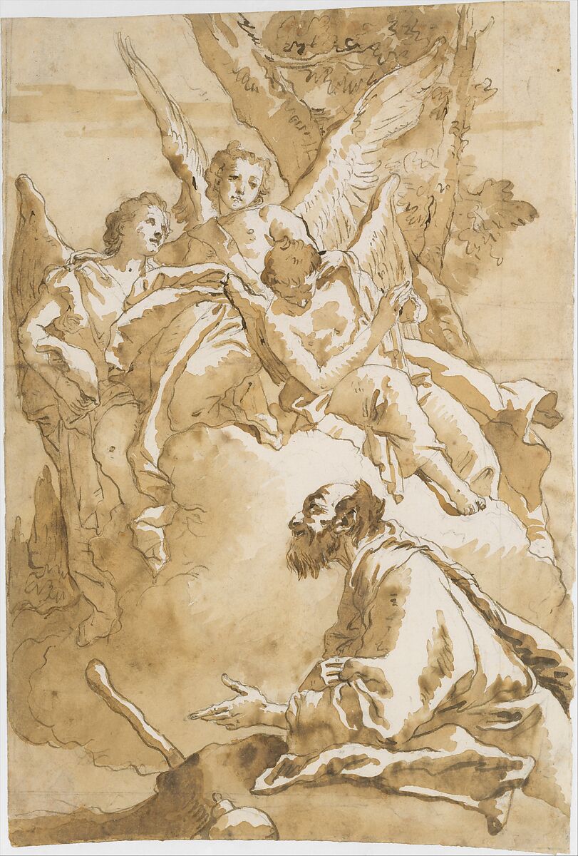 The Three Angels Appearing to Abraham by the Oaks of Mamre, Giovanni Domenico Tiepolo (Italian, Venice 1727–1804 Venice), Pen and dark brown ink, brush and brown wash, over black chalk (recto); parts of drawing outlines traced, in black chalk (verso); framing lines in black chalk