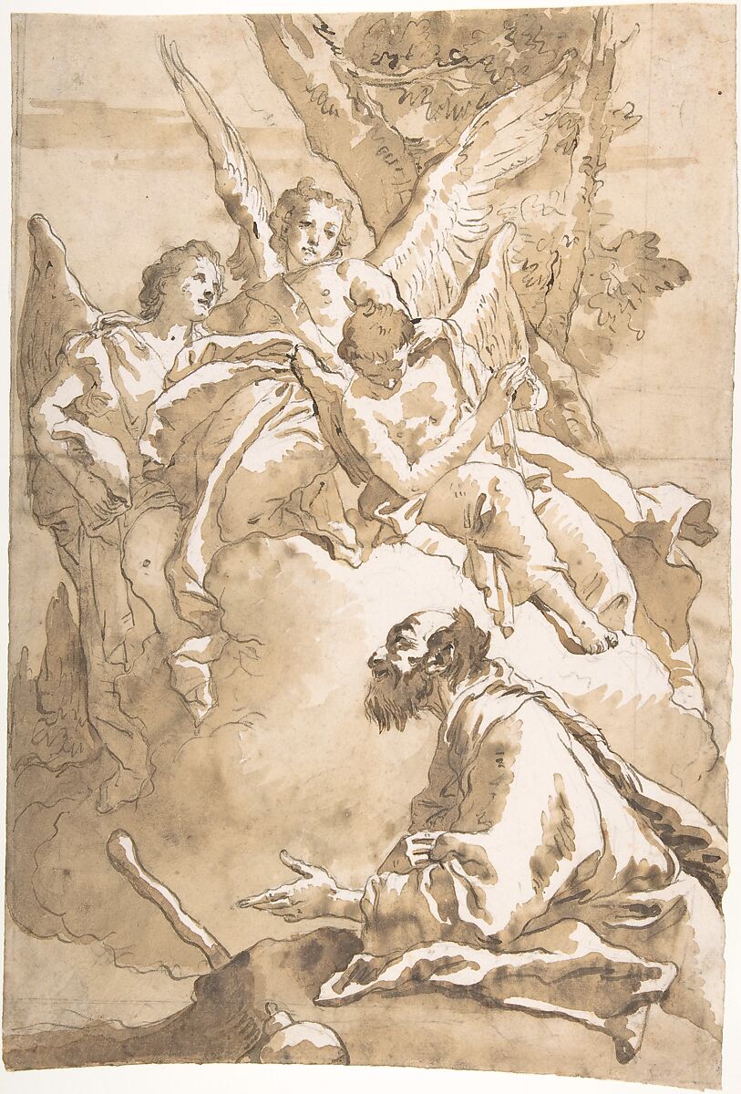 The Three Angels Appearing to Abraham by the Oaks of Mamre, Giovanni Domenico Tiepolo  Italian, Pen and dark brown ink, brush and brown wash, over black chalk (recto). Framing lines in pen and ink.  <br/>Parts of drawing outlines traced, in black chalk (verso)