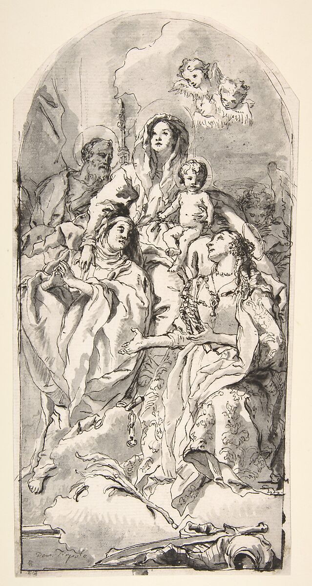 The Holy Family with Two Female Saints, Giovanni Domenico Tiepolo  Italian, Pen and black ink, brush and gray wash, over traces of black chalk. Framing lines in pen and ink. Arched top