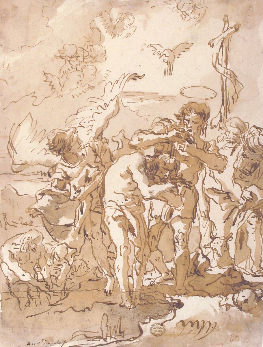 The Baptism of Christ, Giovanni Domenico Tiepolo (Italian, Venice 1727–1804 Venice), Pen and brown ink, brush and brown wash