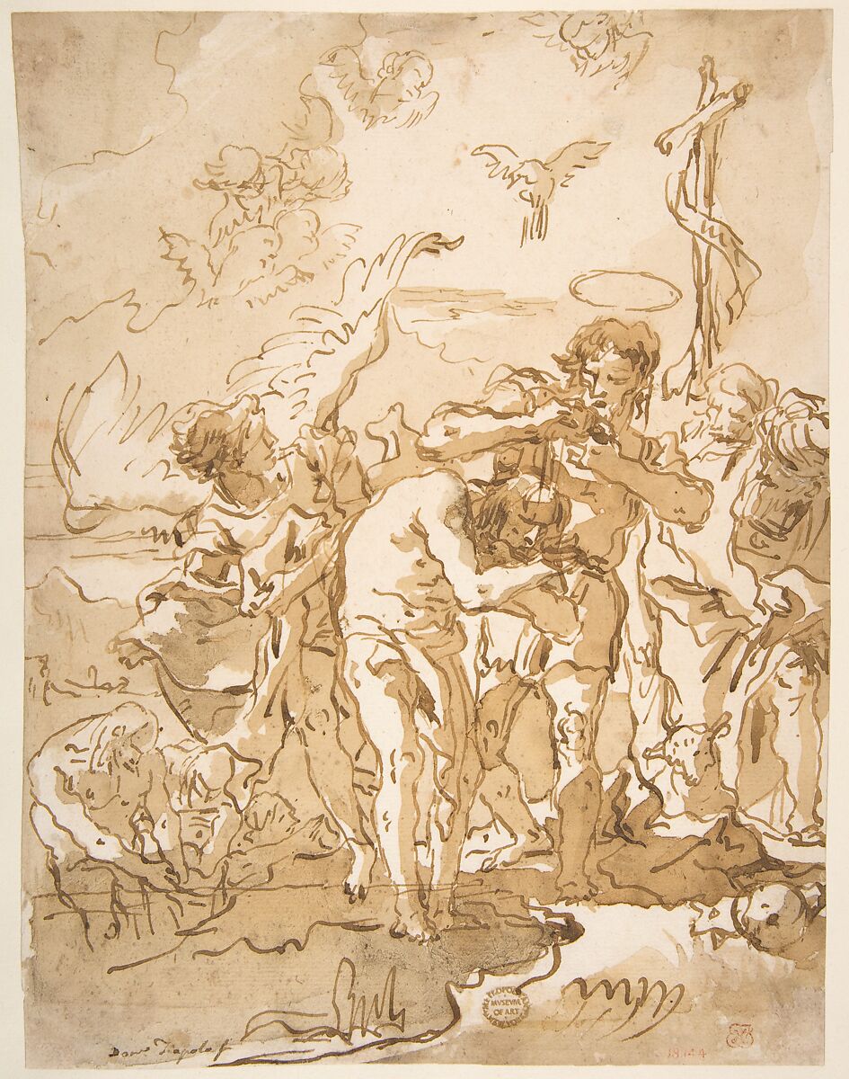 The Baptism of Christ, Giovanni Domenico Tiepolo (Italian, Venice 1727–1804 Venice), Pen and brown ink, brush and brown wash 