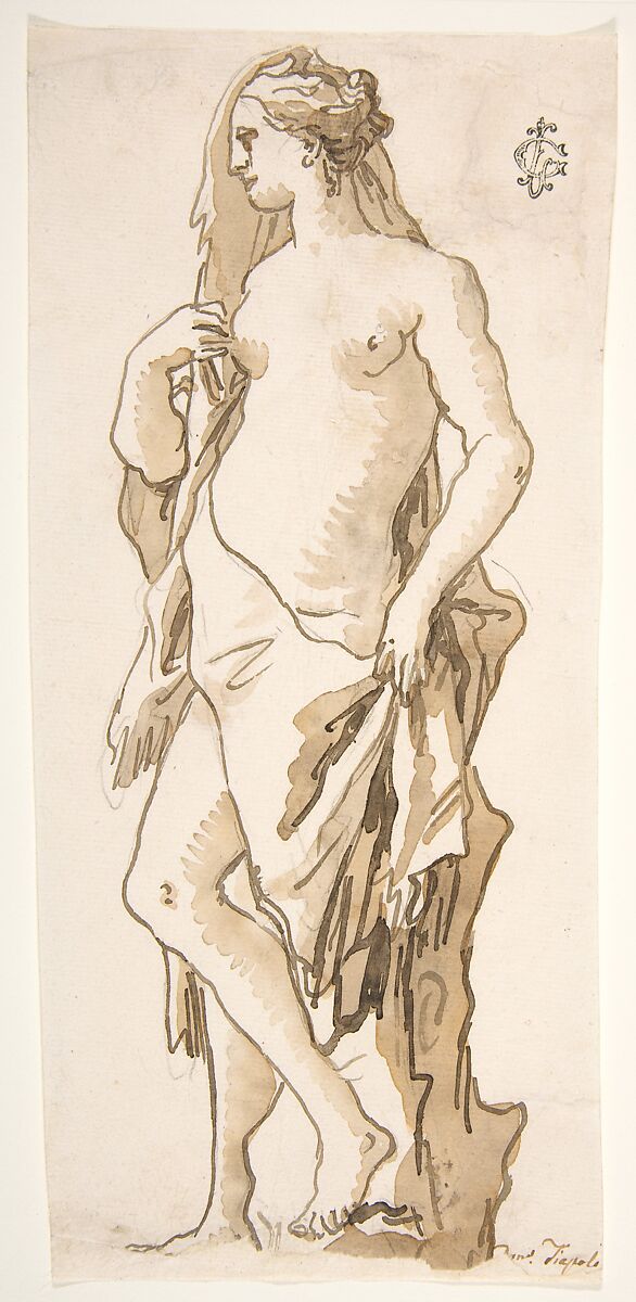 Study of a Garden Sculpture: Iole, Giovanni Domenico Tiepolo (Italian, Venice 1727–1804 Venice), Pen and brown ink, brush and brown wash, over black chalk 