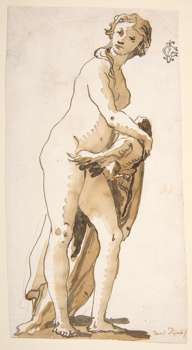 Study of a Garden Sculpture: Leda?, Giovanni Domenico Tiepolo (Italian, Venice 1727–1804 Venice), Pen and brown ink, brush and brown wash, over traces of black chalk 