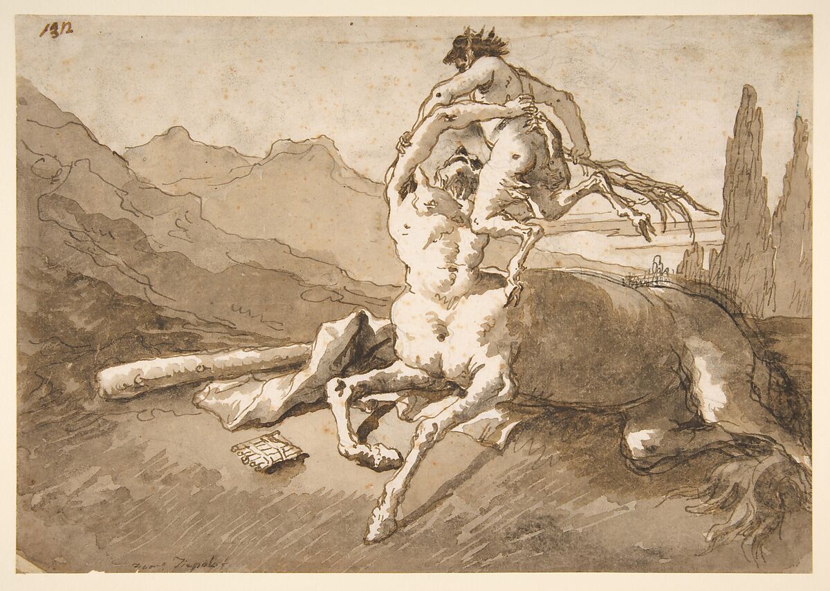 Centaur Holding Up a Youthful Satyr, Giovanni Domenico Tiepolo (Italian, Venice 1727–1804 Venice), Pen and brown ink, brush and brown wash, over graphite or lead 