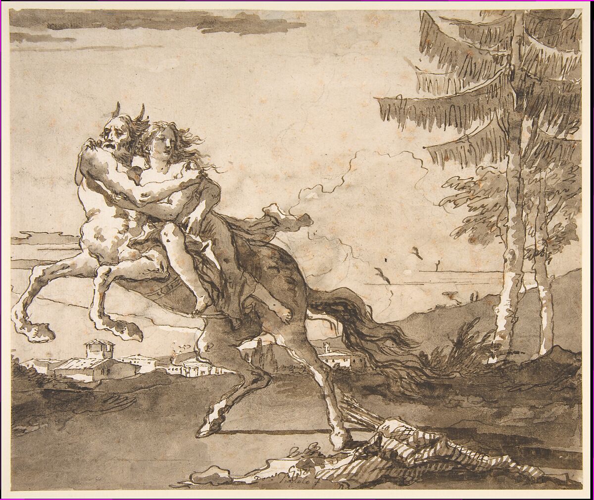 A Centaur Abducting a Nymph, Giovanni Domenico Tiepolo (Italian, Venice 1727–1804 Venice), Pen and brown ink, brush and brown wash, over traces of graphite or lead 