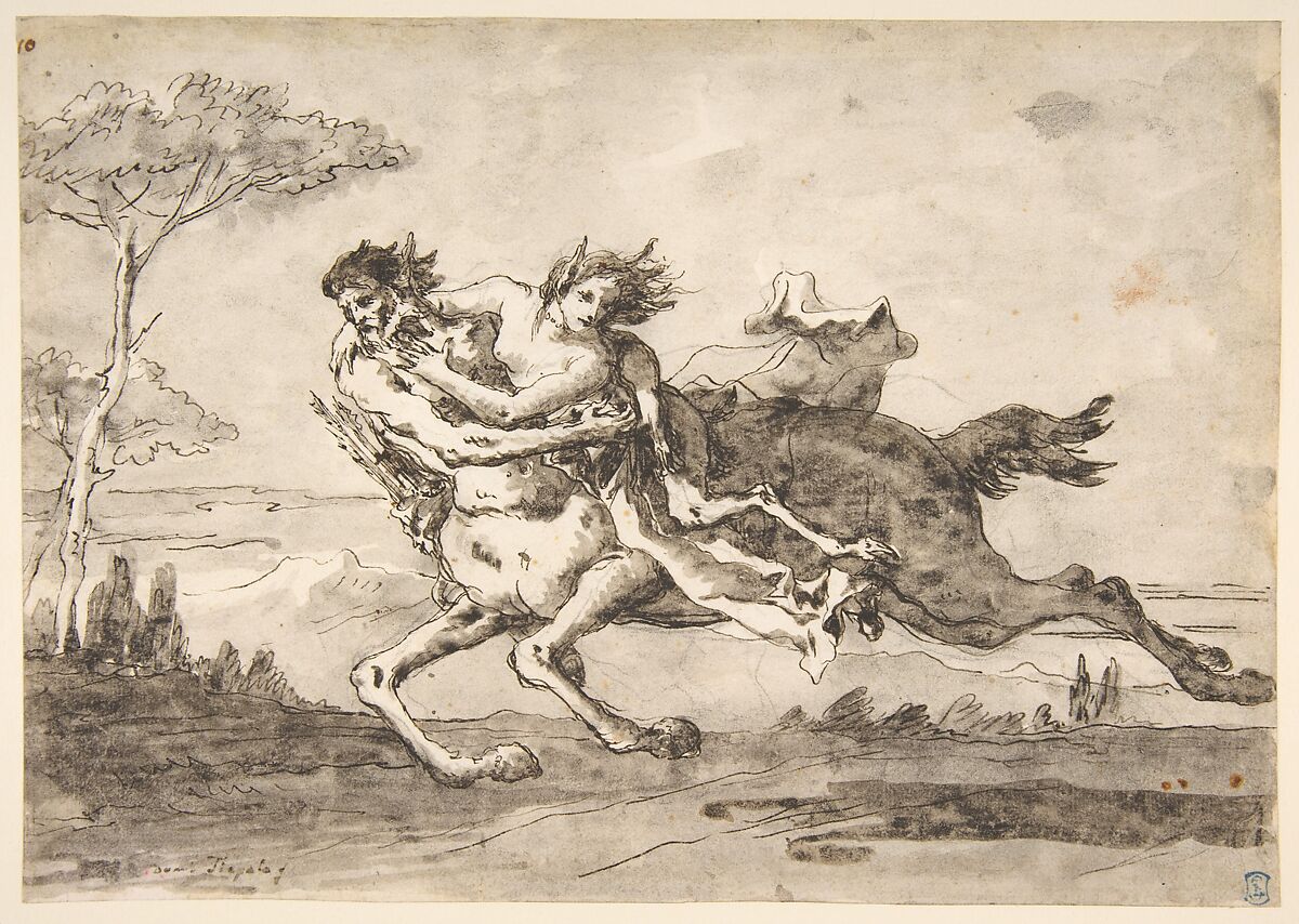 Centaur Abducting a Satyress, Giovanni Domenico Tiepolo (Italian, Venice 1727–1804 Venice), Pen and dark brown ink, brush and gray-brown wash, over black chalk 