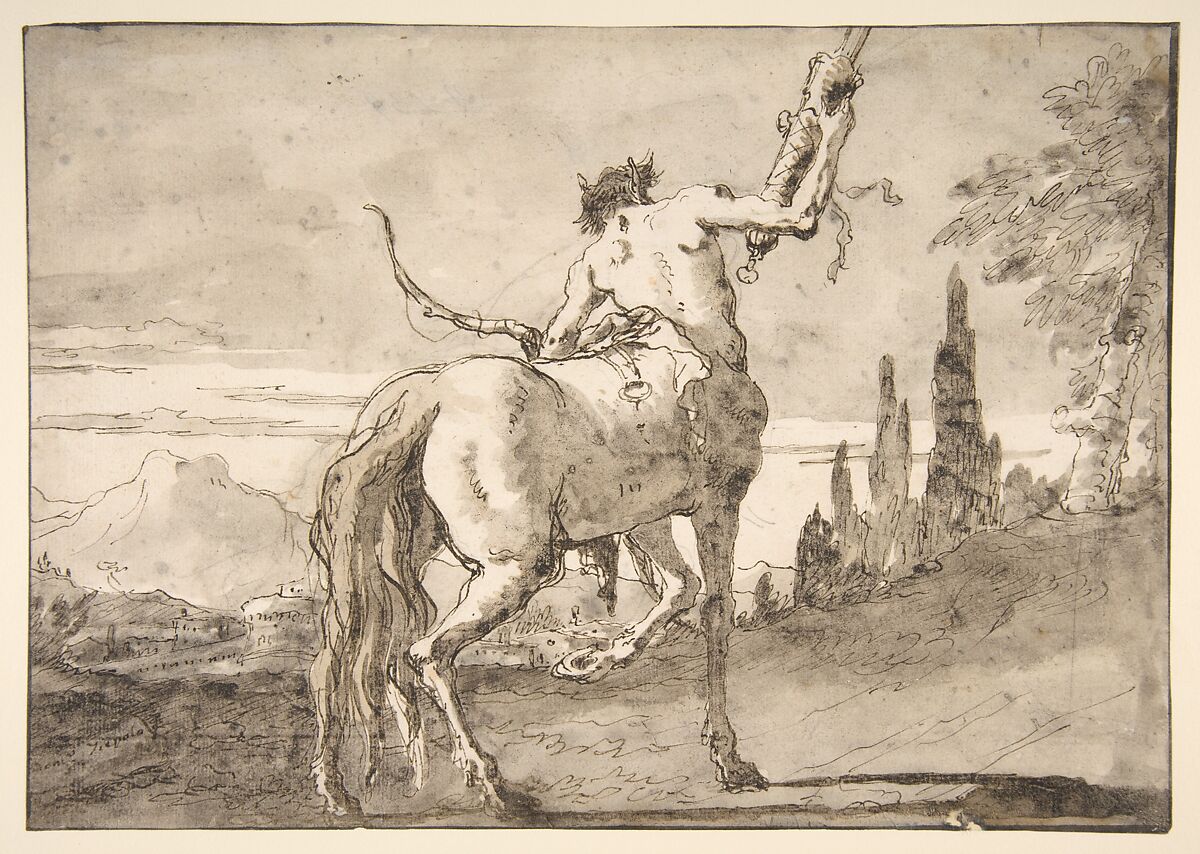 Centaur Holding Up a Quiver, Giovanni Domenico Tiepolo (Italian, Venice 1727–1804 Venice), Pen and dark brown ink, brush and gray-brown wash, over black chalk; framing lines in pen and brown ink 