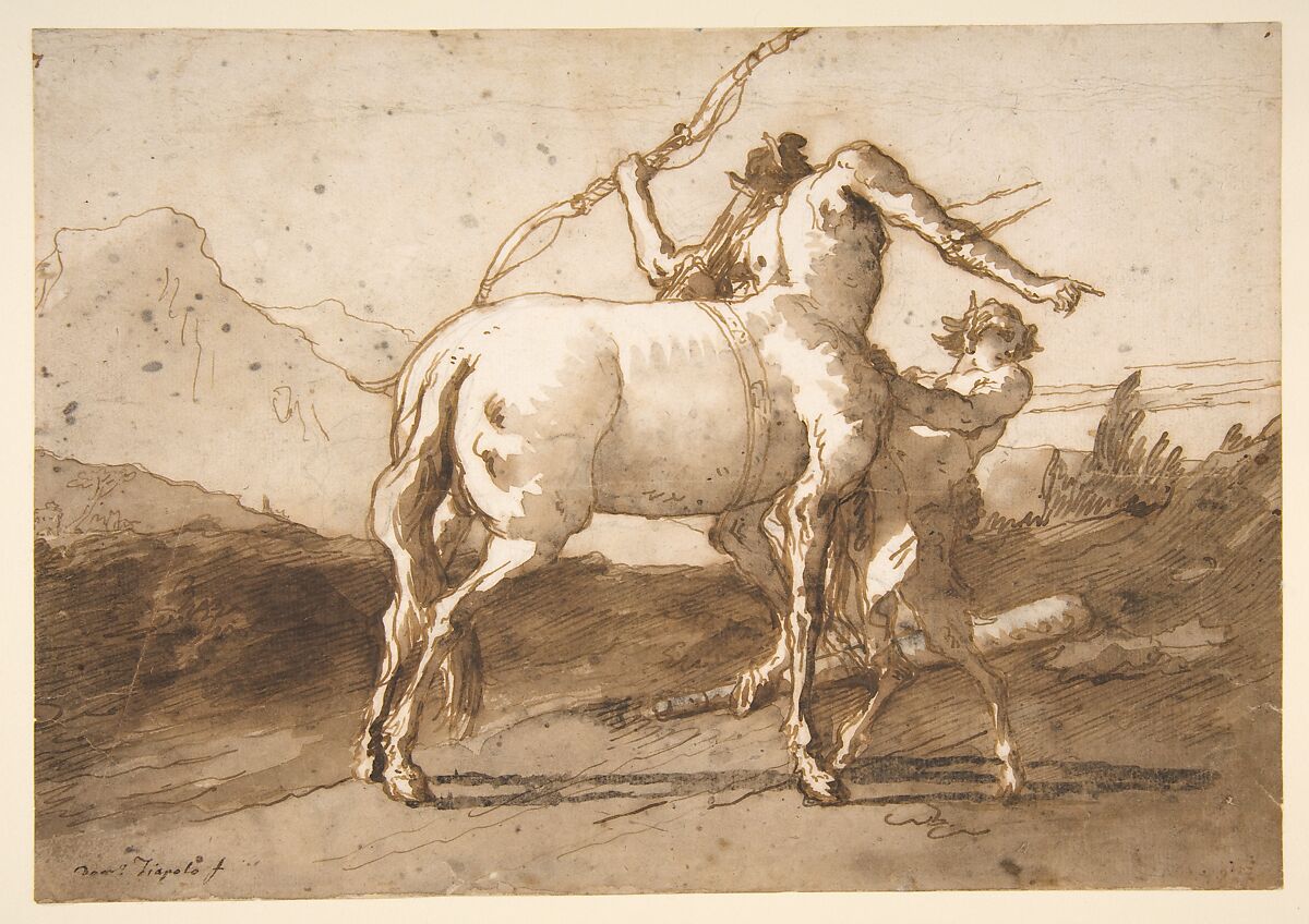 A Centaur and a Satyr, Giovanni Domenico Tiepolo (Italian, Venice 1727–1804 Venice), Pen and brown ink, brush and brown wash, over graphite or lead 
