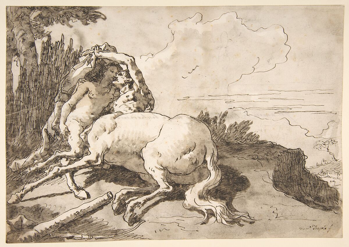 Centaur Embracing a Satyress, Giovanni Domenico Tiepolo  Italian, Pen and dark brown ink, brush and gray-brown wash, over traces of black chalk