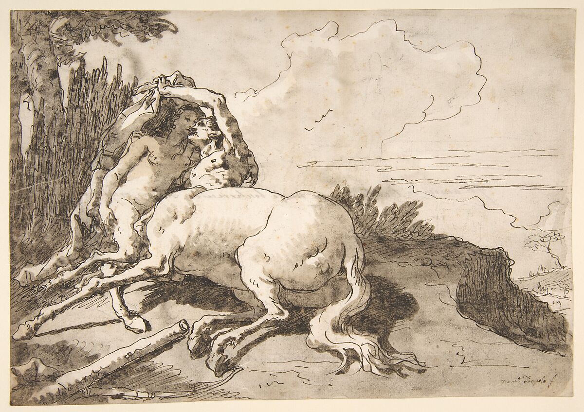 Centaur Embracing a Satyress, Giovanni Domenico Tiepolo (Italian, Venice 1727–1804 Venice), Pen and dark brown ink, brush and gray-brown wash, over traces of black chalk 