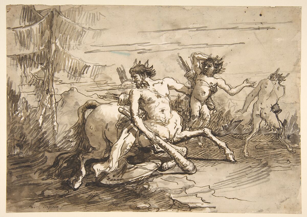 Centaur with a Club, and Two Satyrs, Giovanni Domenico Tiepolo (Italian, Venice 1727–1804 Venice), Pen and dark brown ink, brush and dark brown wash 