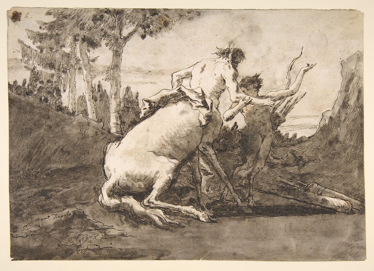 Centaur with a Young Satyr, Giovanni Domenico Tiepolo (Italian, Venice 1727–1804 Venice), Pen and dark brown ink, brush and gray-brown wash, over traces of graphite or lead 