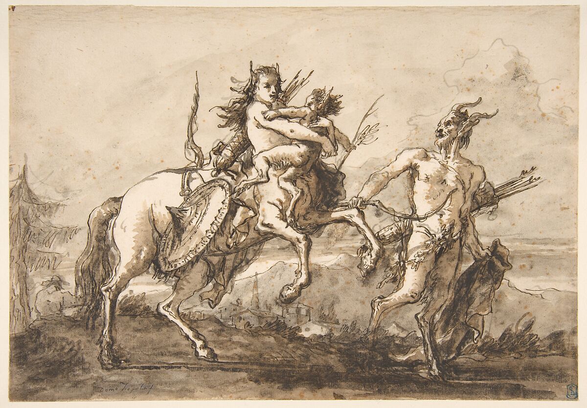 Satyr Leading a Centauress Who Holds a Satyr Child, Giovanni Domenico Tiepolo (Italian, Venice 1727–1804 Venice), Pen and dark brown ink, brush and dark brown wash 