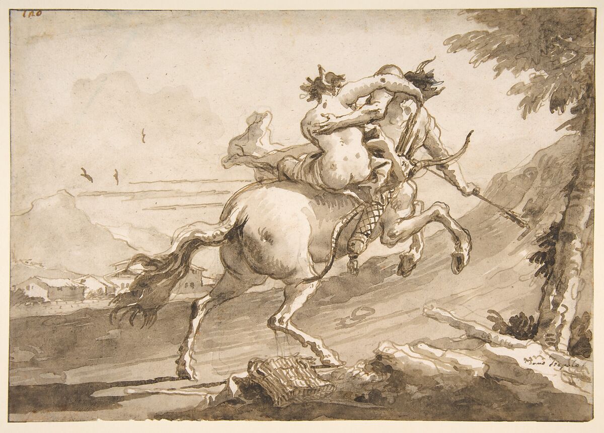 Back View of a Centaur Abducting a Satyress, Giovanni Domenico Tiepolo (Italian, Venice 1727–1804 Venice), Pen and brown ink, brush and brown wash, over black chalk; framing lines in pen and brown ink 