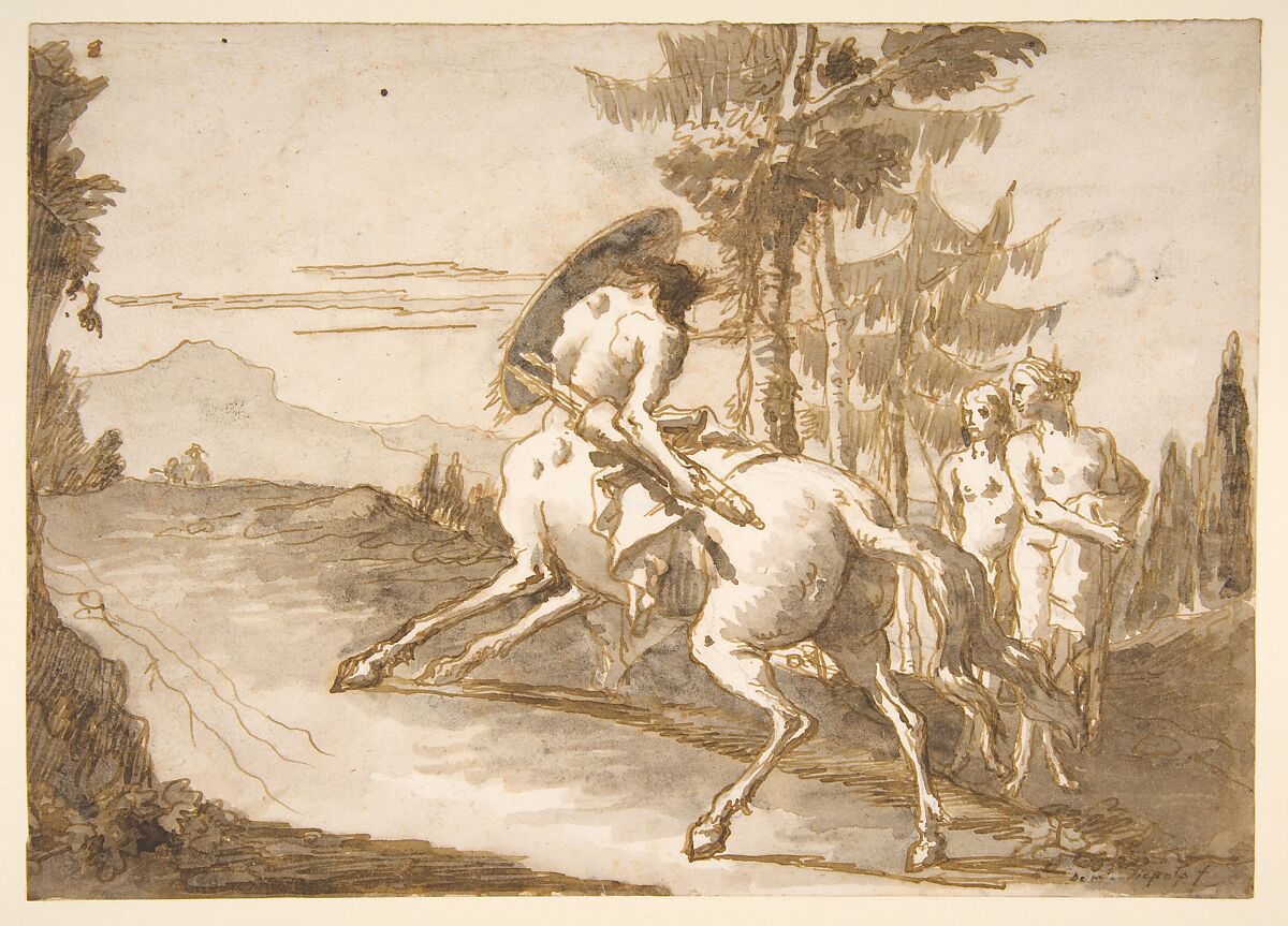 Centaur with Shield and Two Satyresses, Giovanni Domenico Tiepolo (Italian, Venice 1727–1804 Venice), Pen and brown ink, brush with brown and gray wash, over black chalk 