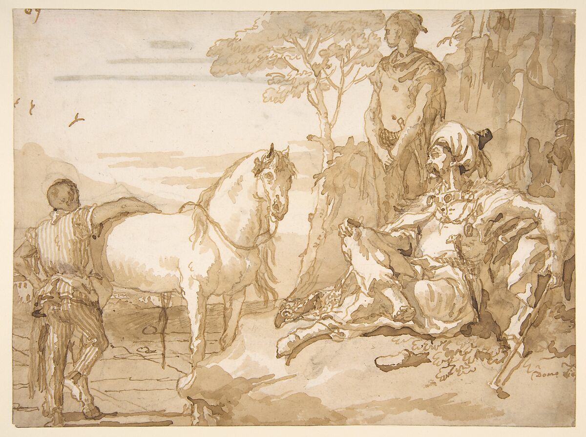 An Oriental Chieftain Resting, Giovanni Domenico Tiepolo (Italian, Venice 1727–1804 Venice), Pen and brown ink, brush and brown wash, over black chalk 