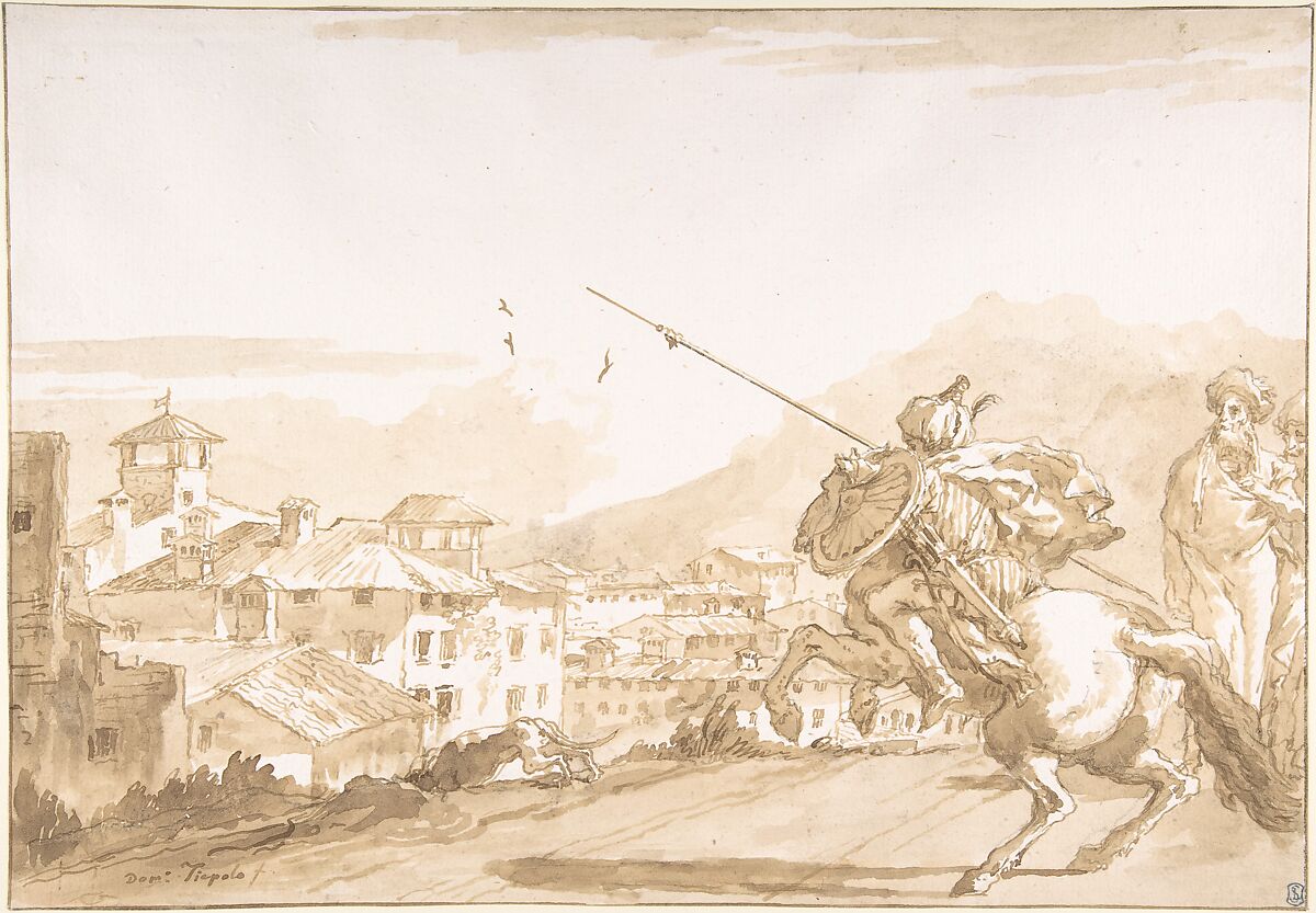 Turkish Lancer and Onlookers Approaching a Town, Giovanni Domenico Tiepolo  Italian, Pen and brown ink, brush and pale brown wash, over black chalk; framing outlines by the artist in pen and brown ink