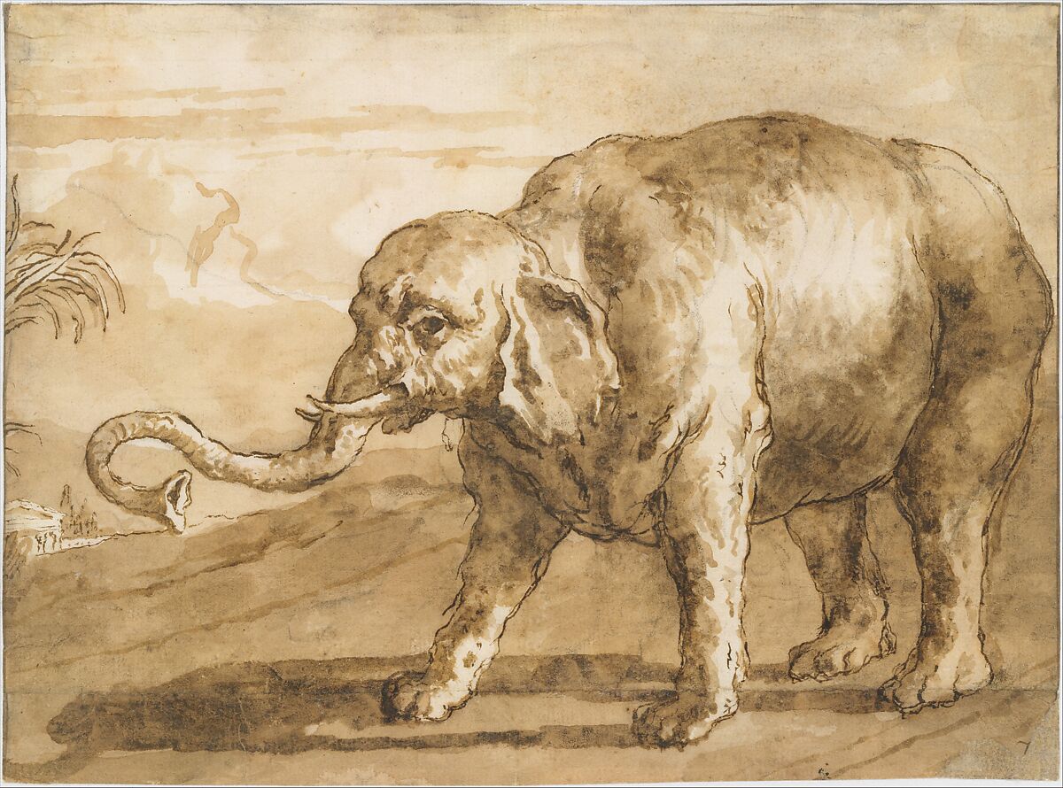 Elephant in a Landscape, Giovanni Domenico Tiepolo (Italian, Venice 1727–1804 Venice), Pen and brown ink, brush and brown wash, over black chalk; framing lines in pen and brown ink at left, right, and upper borders