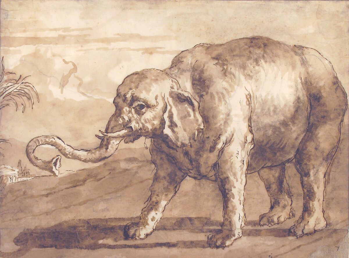 Elephant in a Landscape, Giovanni Domenico Tiepolo (Italian, Venice 1727–1804 Venice), Pen and brown ink, brush and brown wash, over black chalk; framing lines in pen and brown ink at left, right, and upper borders