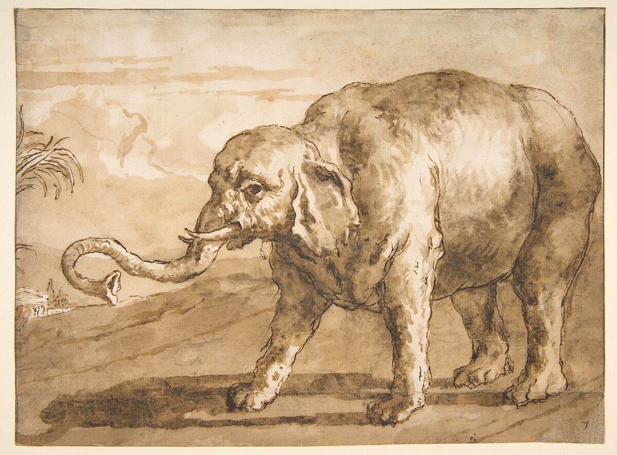 Elephant in a Landscape, Giovanni Domenico Tiepolo (Italian, Venice 1727–1804 Venice), Pen and brown ink, brush and brown wash, over black chalk; framing lines in pen and brown ink at left, right, and upper borders 