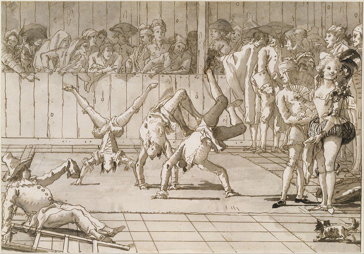 Scene of Contemporary Life: The Acrobats, Giovanni Domenico Tiepolo (Italian, Venice 1727–1804 Venice), Pen and dark brown ink, brush and brown wash, over traces of black chalk