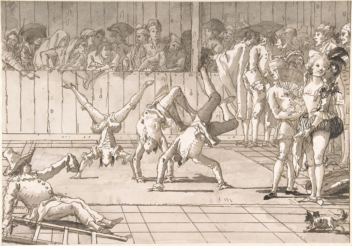 Scene of Contemporary Life: The Acrobats, Giovanni Domenico Tiepolo (Italian, Venice 1727–1804 Venice), Pen and dark brown ink, brush and brown wash, over traces of black chalk 