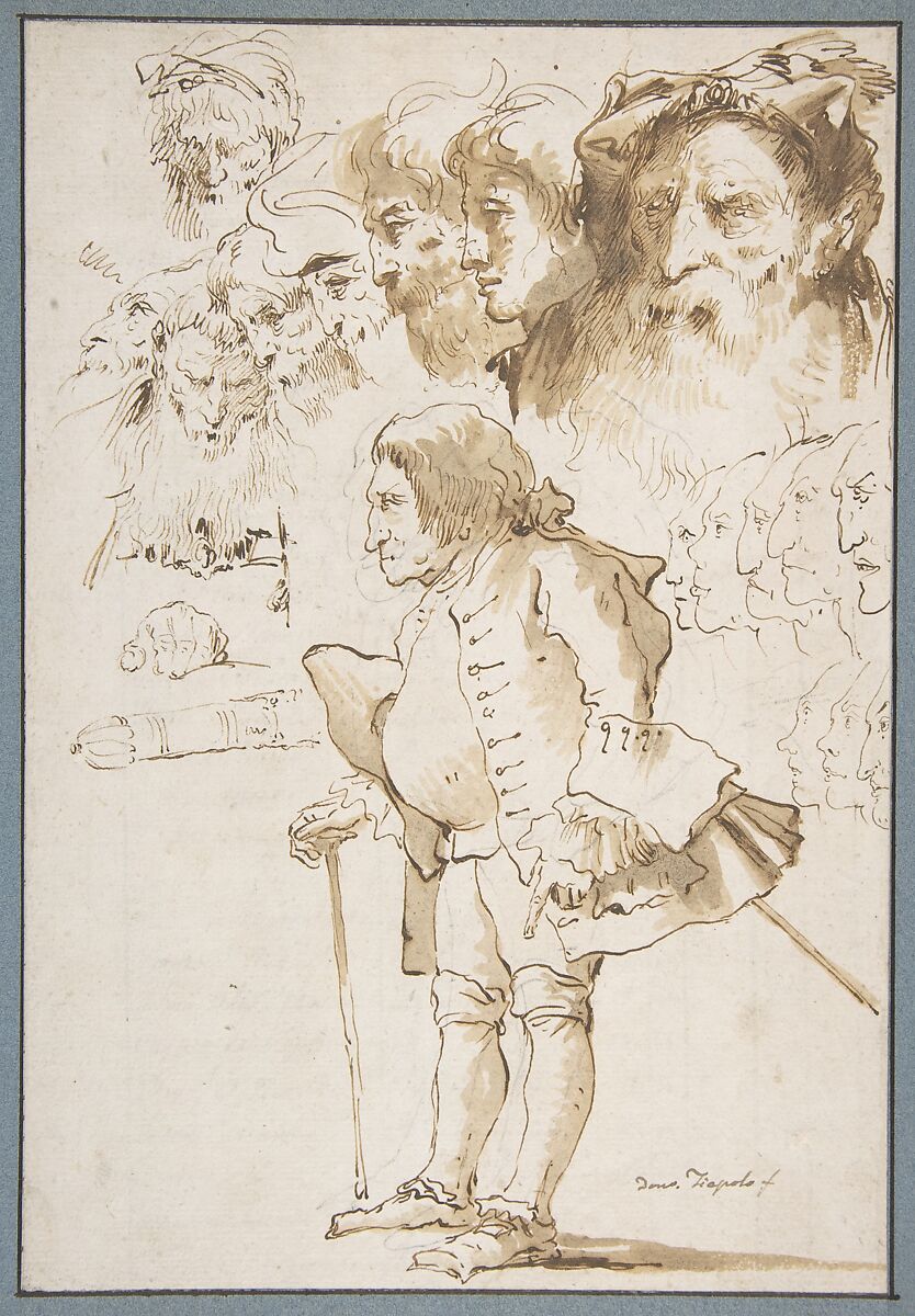 Caricature of a Gentleman and Other Studies, Giovanni Domenico Tiepolo (Italian, Venice 1727–1804 Venice), Pen and dark brown ink, brush and brown wash, over  black chalk 