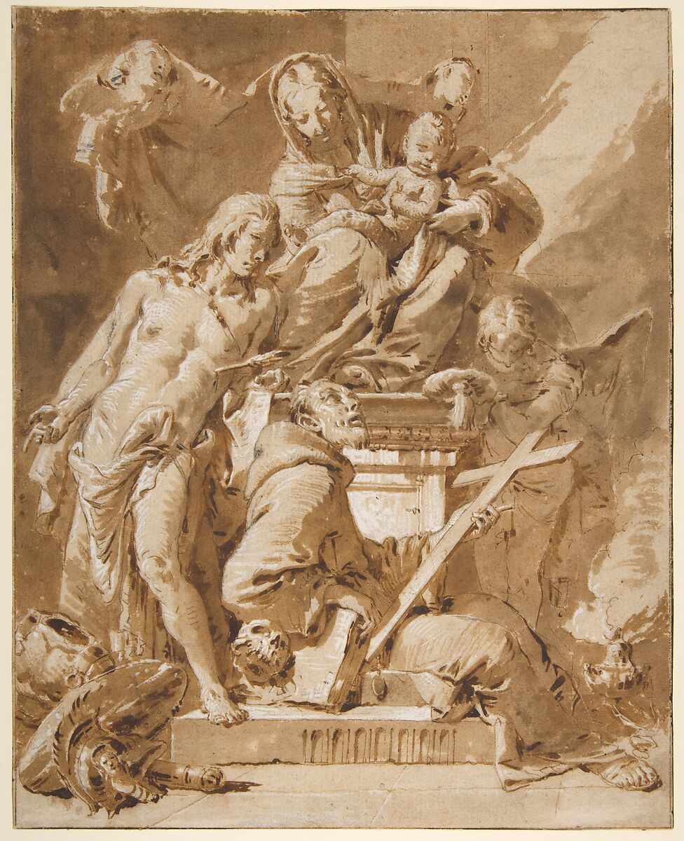 The Virgin and Child Enthroned with Saint Sebastian and a Franciscan Saint, Giovanni Battista Tiepolo (Italian, Venice 1696–1770 Madrid), Pen and brown ink, brush and brown wash, heightened with white gouache, over black chalk, on beige paper; framing lines in pen and brown ink 