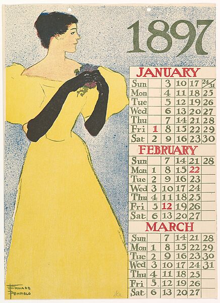 Poster Calendar 1897: January, February, March, Edward Penfield (American, Brooklyn, New York 1866–1925 Beacon, New York), Lithograph and relief process