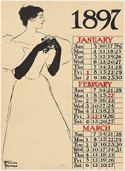Proof for Poster Calendar 1897: January, February, March, Edward Penfield (American, Brooklyn, New York 1866–1925 Beacon, New York), Lithograph and relief process 