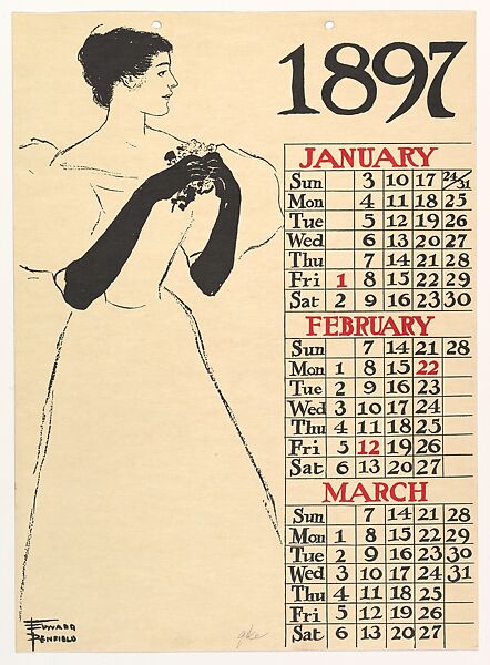 Proof for Poster Calendar 1897: January, February, March, Edward Penfield (American, Brooklyn, New York 1866–1925 Beacon, New York), Lithograph and relief process