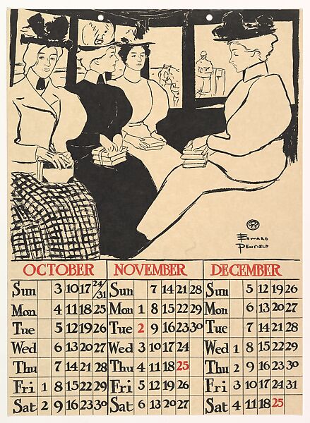 Proof for Poster Calendar 1897: October, November, December, Edward Penfield (American, Brooklyn, New York 1866–1925 Beacon, New York), Lithograph and relief process 