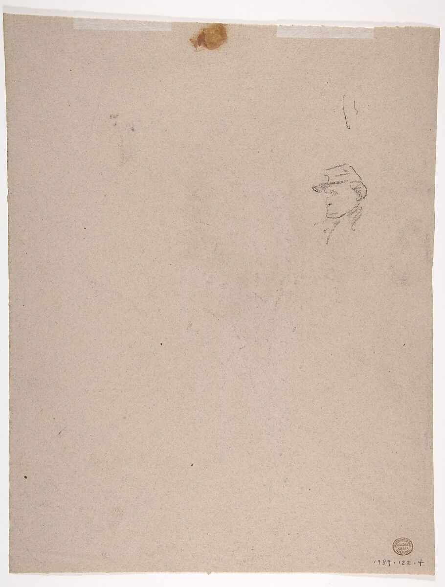 Study for Clovis (middle register; study for wall paintings in the Chapel of Saint Remi, Sainte-Clotilde, Paris, 1858); verso:  Head of a Soldier (unrelated to Sainte-Clotilde decorations), Isidore Pils (French, Paris 1813/15–1875 Douarnenez), Black chalk, stumped, heightened with white gouache, on gray paper (recto); black chalk (verso)