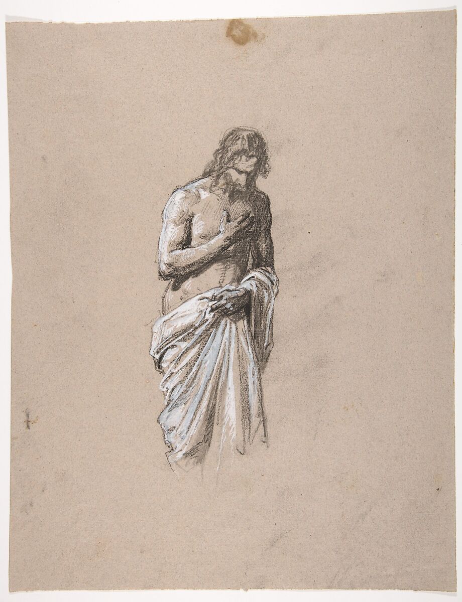 Study for Clovis (middle register; study for wall paintings in the Chapel of Saint Remi, Sainte-Clotilde, Paris, 1858); verso:  Head of a Soldier (unrelated to Sainte-Clotilde decorations), Isidore Pils (French, Paris 1813/15–1875 Douarnenez), Black chalk, stumped, heightened with white gouache, on gray paper (recto); black chalk (verso) 