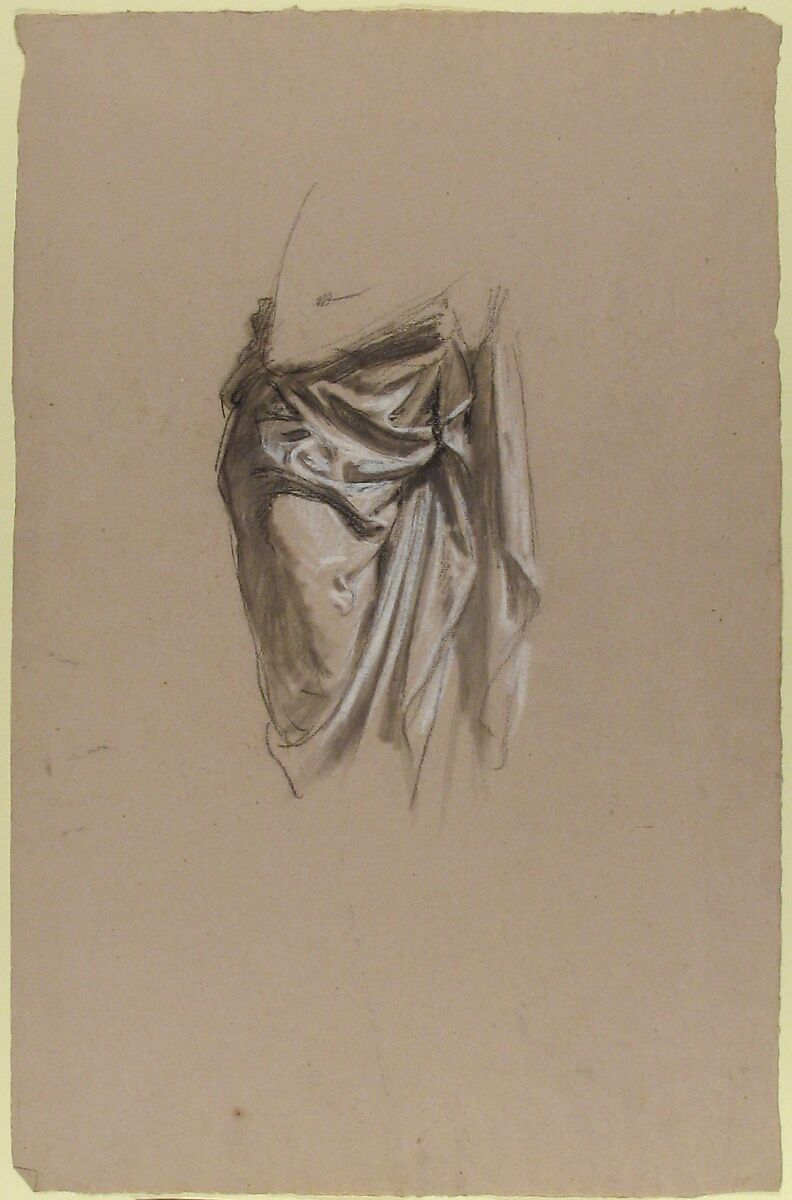 Drapery Study for Clovis (middle register; study for wall paintings in the Chapel of Saint Remi, Sainte-Clotilde, Paris, 1858), Isidore Pils (French, Paris 1813/15–1875 Douarnenez), Black chalk, stumped, white and red chalk, on light gray paper