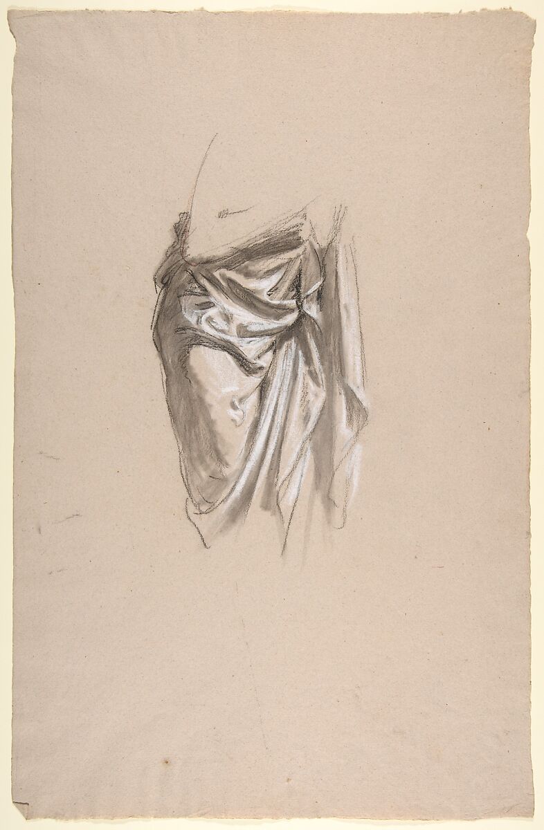 Drapery Study for Clovis (middle register; study for wall paintings in the Chapel of Saint Remi, Sainte-Clotilde, Paris, 1858), Isidore Pils (French, Paris 1813/15–1875 Douarnenez), Black chalk, stumped, white and red chalk, on light gray paper 