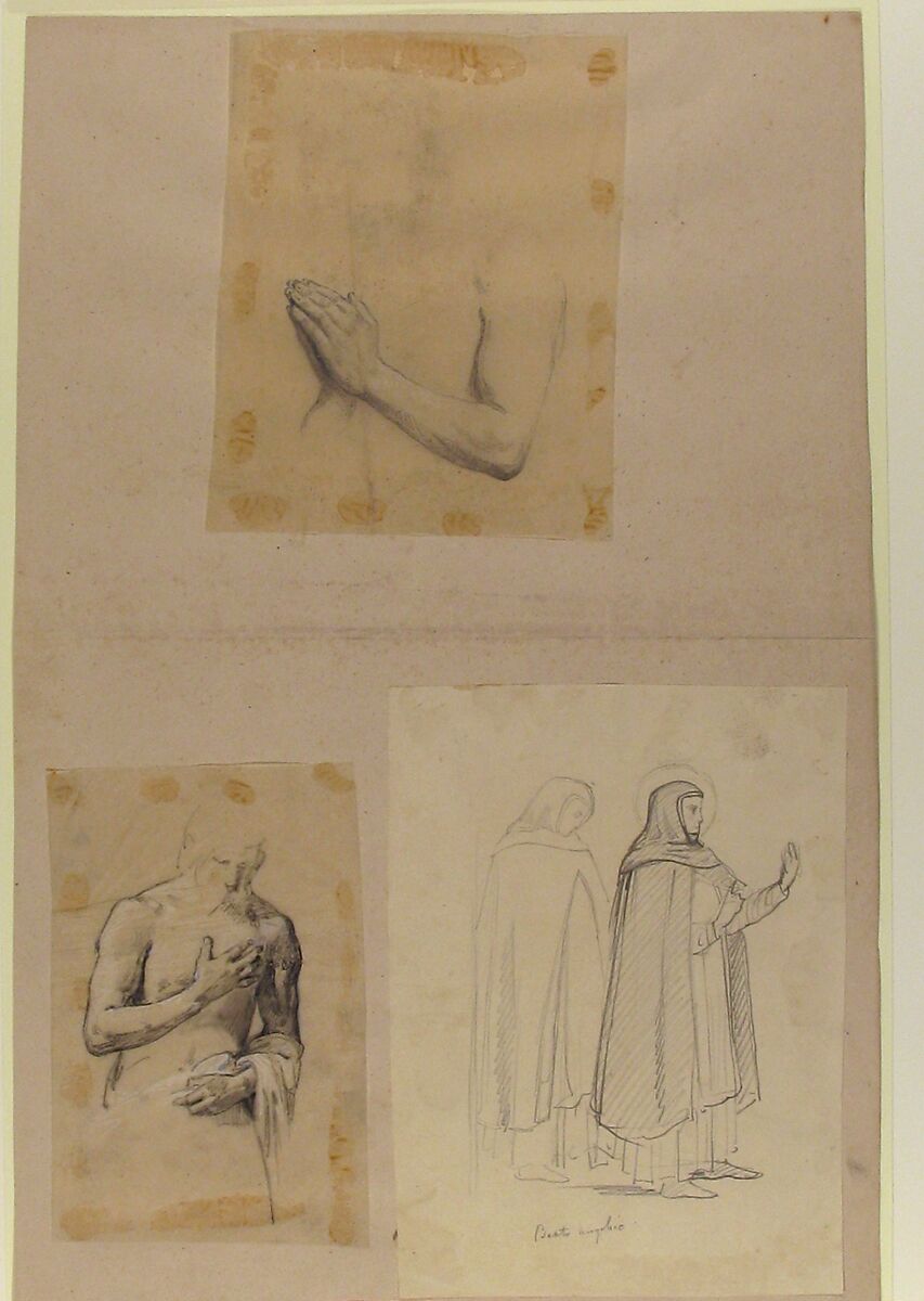 a. Study for Clovis (middle register); b. Study for Clovis (middle register); c. St. Dominic and another Friar, after Fra Angelico; (studies for wall paintings in the Chapel of Saint Remi, Sainte-Clotilde, Paris, 1858), Isidore Pils (French, Paris 1813/15–1875 Douarnenez), a, b.  Black chalk, heightened with white chalk, on tracing paper; c. graphite