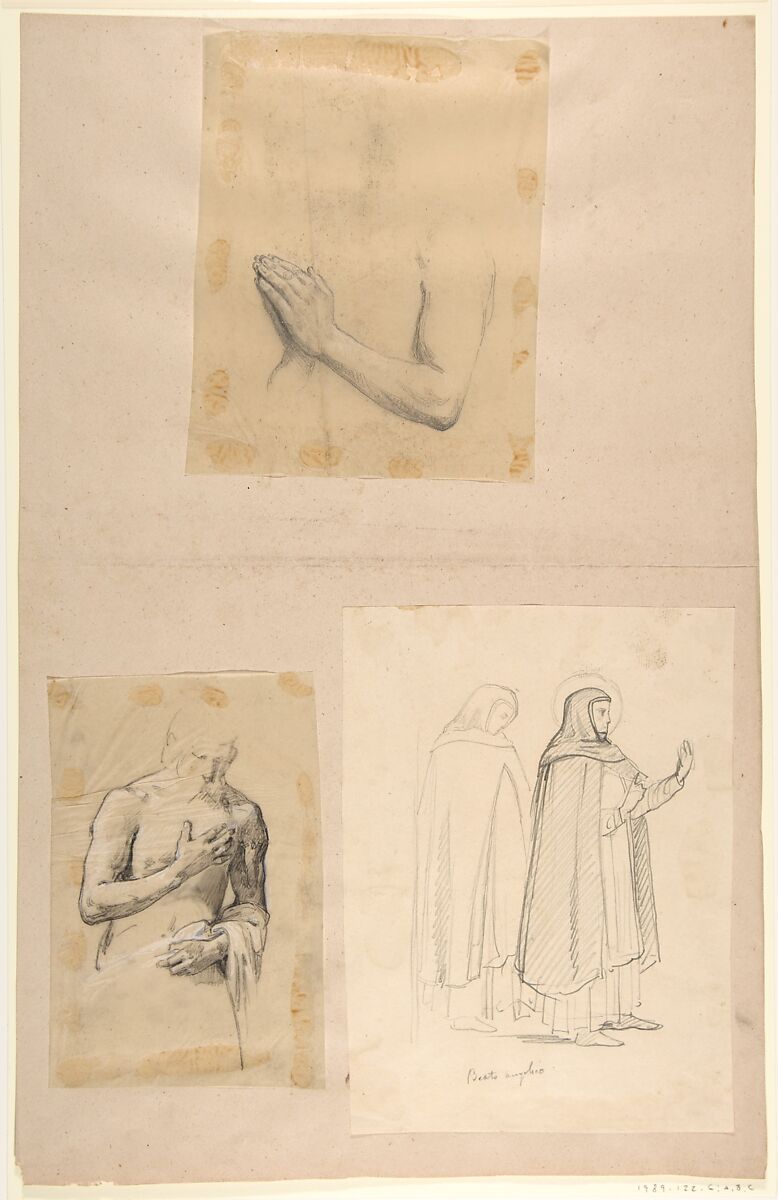 a. Study for Clovis (middle register); b. Study for Clovis (middle register); c. St. Dominic and another Friar, after Fra Angelico; (studies for wall paintings in the Chapel of Saint Remi, Sainte-Clotilde, Paris, 1858), Isidore Pils (French, Paris 1813/15–1875 Douarnenez), a, b.  Black chalk, heightened with white chalk, on tracing paper; c. graphite 