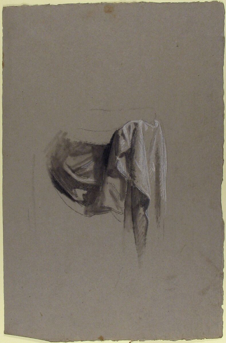 Drapery Study for Figure Holding Crown (middle register); study for wall paintings in the Chapel of Saint Remi, Sainte-Clotilde, Paris, 1858, Isidore Pils (French, Paris 1813/15–1875 Douarnenez), Black chalk, stumped, heightened with white chalk, on gray paper