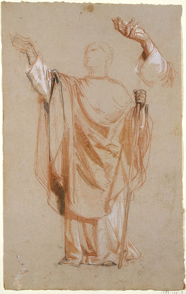 Study for Saint Remi (middle register); verso:  Study for Remi's Raised Arm (studies for wall paintings in the Chapel of Saint Remi, Sainte-Clotilde, Paris, 1858), Isidore Pils (French, Paris 1813/15–1875 Douarnenez), Red chalk, stumped, black chalk, heightened with white gouache, on gray paper (recto); red chalk (verso)