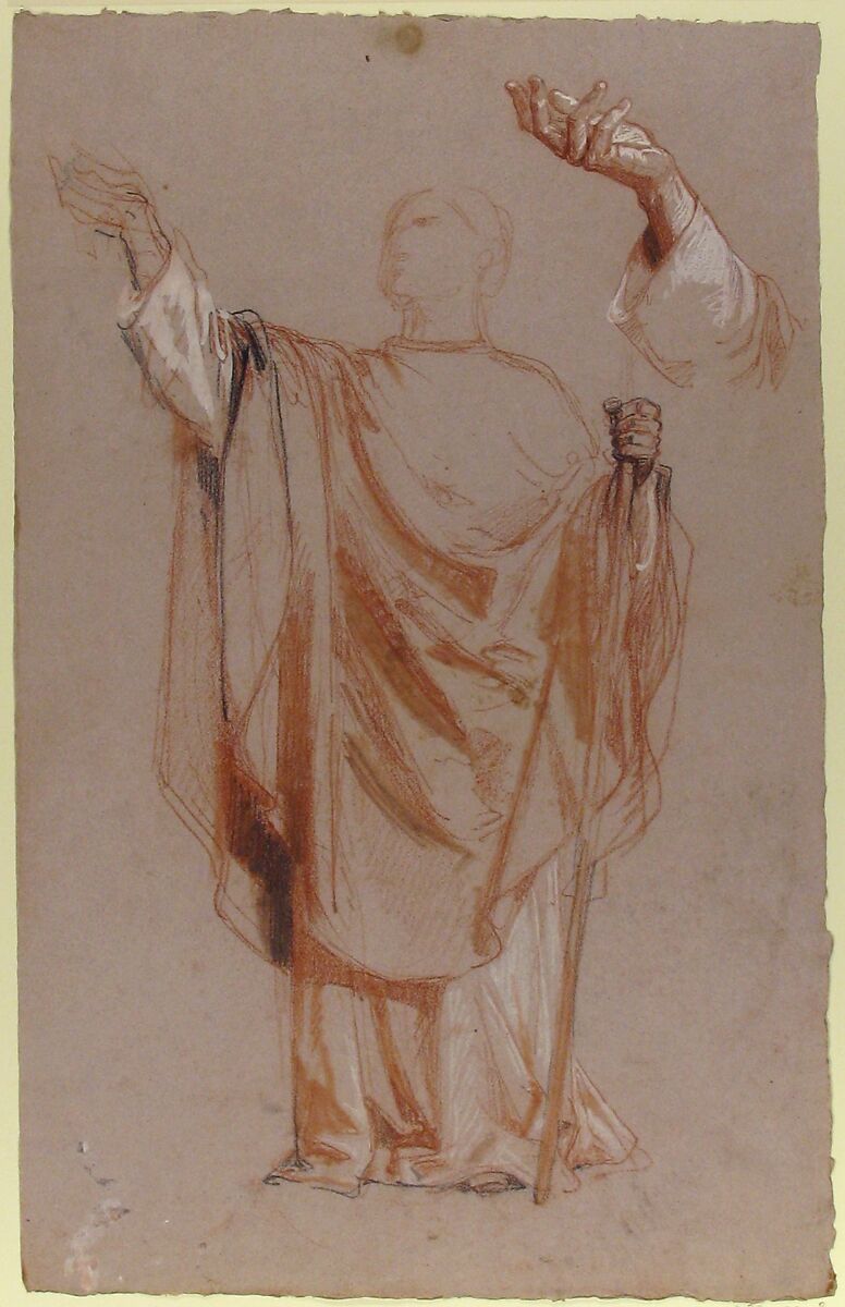 Study for Saint Remi (middle register); verso:  Study for Remi's Raised Arm (studies for wall paintings in the Chapel of Saint Remi, Sainte-Clotilde, Paris, 1858), Isidore Pils (French, Paris 1813/15–1875 Douarnenez), Red chalk, stumped, black chalk, heightened with white gouache, on gray paper (recto); red chalk (verso)