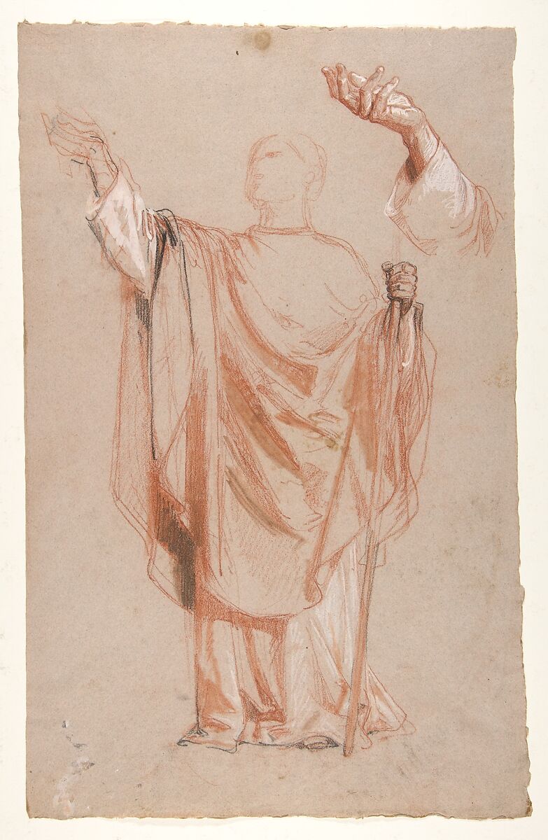 Study for Saint Remi (middle register); verso:  Study for Remi's Raised Arm (studies for wall paintings in the Chapel of Saint Remi, Sainte-Clotilde, Paris, 1858), Isidore Pils (French, Paris 1813/15–1875 Douarnenez), Red chalk, stumped, black chalk, heightened with white gouache, on gray paper (recto); red chalk (verso) 