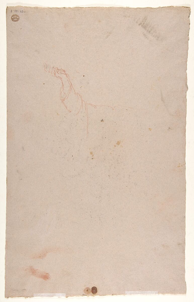 Study for Saint Remi (middle register); verso:  Study for Remi's Raised Arm (studies for wall paintings in the Chapel of Saint Remi, Sainte-Clotilde, Paris, 1858), Isidore Pils (French, Paris 1813/15–1875 Douarnenez), Red chalk, stumped, black chalk, heightened with white gouache, on gray paper (recto); red chalk (verso)